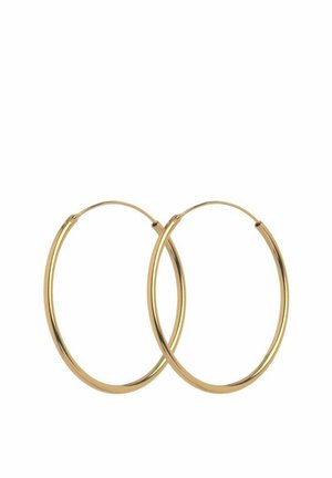 Paari siledatest, läikivatest kuldsetest rõngakujulistest kõrvarõngastest, millel on õhuke ümmargune kuju ja hingedega kinnitus, mis on esitatud valgel taustal.