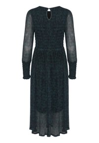 Mörk teal klänning med en smockad byst, långa ärmar med volangdetaljer och en nyckelhålrygg. Tillverkad av lätt, texturerad tyg.