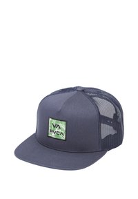 Navy blue baseball cap with mesh back, flat brim, and green patch featuring leaf design and "RVCA" logo. Textured fabric, adjustable closure.