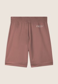 Shorts atletici corti in tessuto rosa polveroso con cintura elastica. Presentano un sottile logo "FREDDY" in strass sul retro.