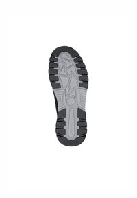Semelle noire et grise avec une surface rugueuse et texturée. Présente des motifs de grippe proéminents et des crampons robustes pour l'adhérence et la durabilité.