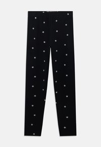 Black leggings with scattered silver star patterns, made of stretchy fabric, featuring a simple, elastic waistband design.