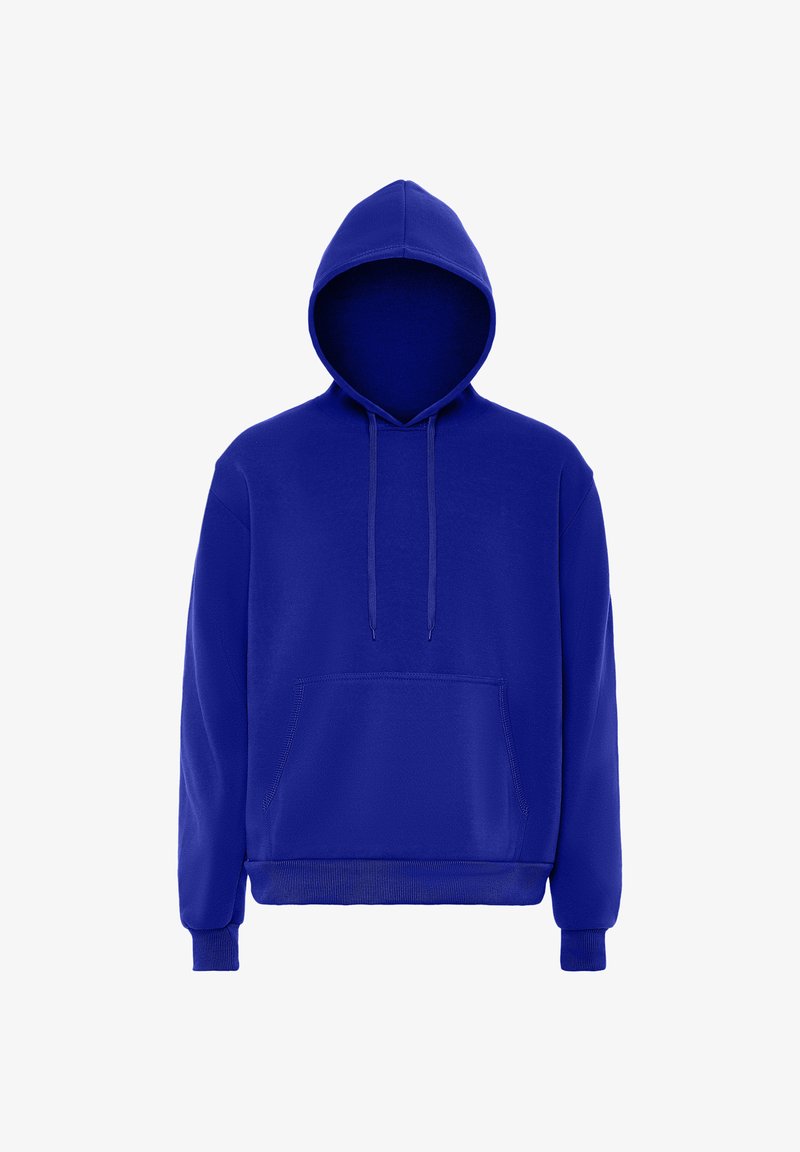 Blå fleecehuva med en känguruficka, justerbara dragsko, ribbade ärmslut och nederkant; har en slät textur och design för överdrag.