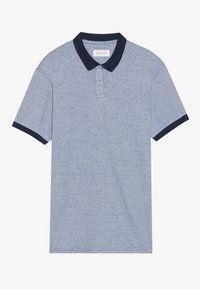 Ljusblå pikétröja med marinblå krage och ärmbad, korta ärmar, två-knappar placket och subtila horisontella ränder.