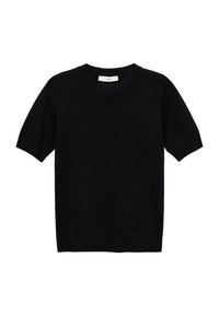 Black short-sleeve sweater made from soft fabric, featuring a ribbed crew neckline and a straight hem. Simple, seamless design.