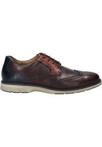 Braune und marineblaue Leder-Oxfordschuhe mit Broguedetails, strukturiertem Finish, kontrastierenden Schnürsenkeln und einer leichten Gummisohle.