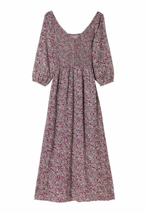 Maxi dress in floral print featuring a burgundy background, smocked bodice, and puffed sleeves. Made from lightweight fabric with a flowy silhouette.
