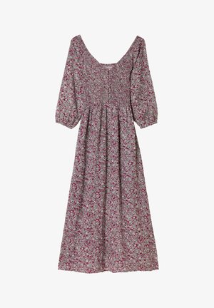 Robe maxi à imprimé floral avec un fond bordeaux, un corsage froncé et des manches bouffantes. Fabriquée dans un tissu léger avec une silhouette fluide.
