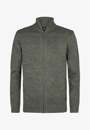 Cardigan a zip in maglia grigio-verde, con colletto e polsini a costine, tessuto texture e delicato motivo bicolore.
