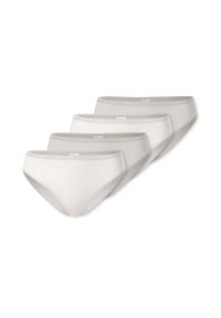 Pack aus vier Damenunterhosen aus hellgrauer Baumwolle, mit glatter Textur, mittlerem Bund und weichen elastischen Taillenbündchen.