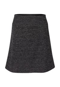 Czarna spódnica w stylu skater wykonana z teksturowanej tkaniny, z dopasowaną talią i sylwetką w kształcie litery A, ozdobiona subtelnym białym wzorem w drobne plamki.