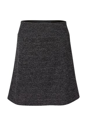 Zwarte skaterrok gemaakt van gestructureerde stof, met een aangesloten tailleband en een A-lijn silhouet met een subtiel wit gespikkeld patroon.