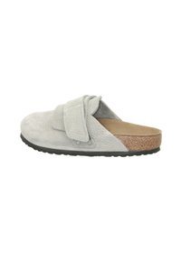 Gray leather slip-on shoe with a wide strap, textured upper, and a cork footbed. Features a black rubber outsole for traction.