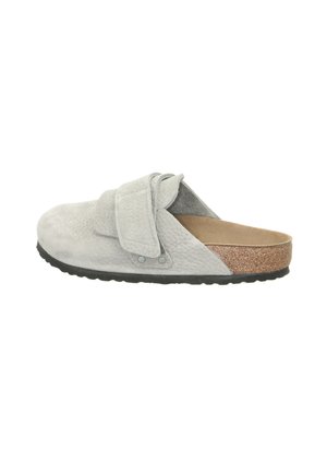 Gray leather slip-on shoe with a wide strap, textured upper, and a cork footbed. Features a black rubber outsole for traction.