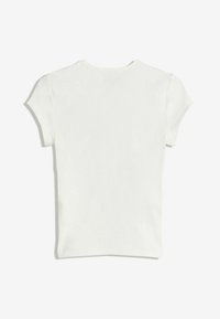 Plain white short-sleeve T-shirt laid flat, showing the back side with a round neckline and no visible logos or designs.