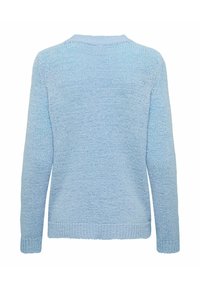 Light blue knit sweater with long sleeves, ribbed cuffs, hem, and neckline, shown from the back on a white background.
