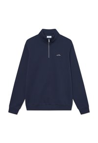 Navy blue quarter-zip sweatshirt with a high collar, made from soft fabric. Features a small white logo on the chest and ribbed cuffs.