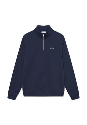 Mørkeblå kvart-lynlås sweatshirt med høj krave, lavet af blødt stof. Funktionen inkluderer et lille hvidt logo på brystet og ribbede manchetter.