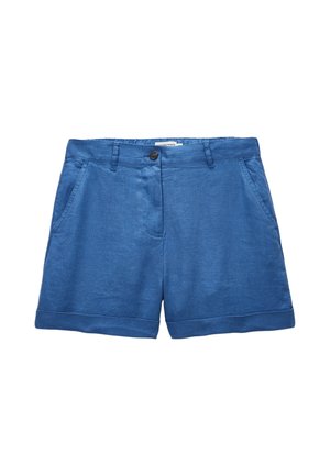 Shorts décontractés bleus avec fermeture à boutons sur le devant, passants de ceinture, poches latérales et ourlet retourné.