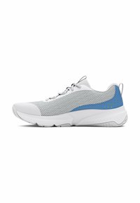 Zapatilla deportiva de malla en blanco y azul, con una parte superior texturizada, cordones finos, una suela acolchada y pequeños agujeros de ventilación en el lateral.