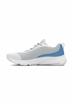 Mesh athletic shoe in white and blue, featuring a textured upper, thin laces, a cushioned sole, and small ventilation holes on the side.