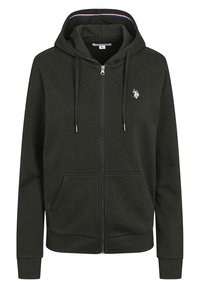 Felpa con zip di colore verde scuro realizzata in cotone, dotata di tasca a marsupio, cappuccio con coulisse e piccolo logo sul petto. Tessuto testurizzato.