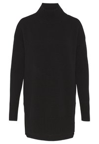 Svart polotröja med långa ärmar, ribbat mönster och en lös passform. Har en hög halsringning och förlängd längd.