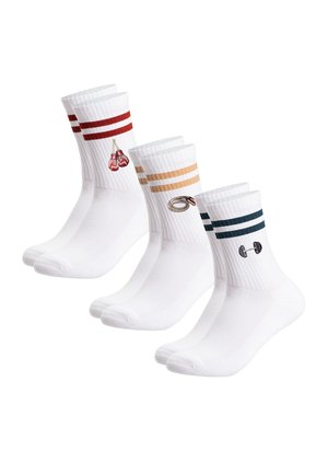 Three pairs of white crew socks with colored stripes at the top and sports icons: boxing gloves, jump rope, and dumbbell.