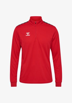 Maglia da allenamento rossa con mezza zip e maniche lunghe, realizzata in tessuto testurizzato; presenta strisce diagonali nere sulle spalle e logo Hummel sul petto.