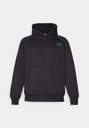 Felpa con cappuccio nera realizzata in tessuto morbido, con tasca a marsupio, polsini a costina e un logo color teal sul petto.