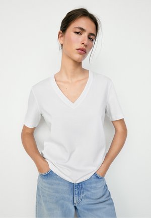 Massimo Dutti, 100% COTTON INTERLOCK V-NECK T-SHIRT - T-shirt basic - white