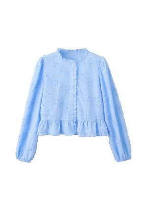Blusa azul claro de manga larga con pequeños volantes en el cuello, la tapeta de botones y el dobladillo, con patrones florales texturizados.
