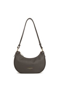 Borsa a tracolla in pelle a forma di mezzaluna di colore grigio scuro, con logo dorato "Lancaster Paris" al centro della parte anteriore.