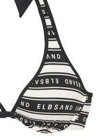 Bikini top v črno-beli barvi, ki ima vodoravne črte s ponavljajočo se besedo "ELBSAND", trikotne skodelice in prilagodljive naramnice.