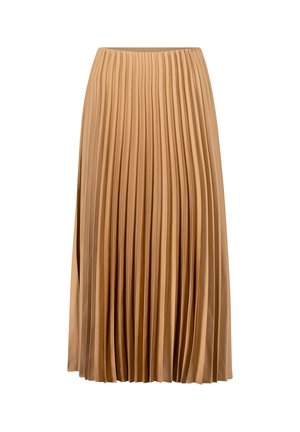 Plissée rok in een lichte beige kleur, gemaakt van een gladde stof, met verticale plooien van de tailleband tot de zoom, en met een elastische tailleband.