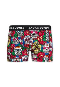 Boxer-briefs colorés avec un motif de crânes et de roses, dotés d'une ceinture élastique noire affichant "JACK & JONES" en lettres blanches.