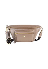 Borsa a tracolla in pelle beige con superficie texturizzata, zip dorate, tasca con zip frontale, dettaglio con frange e tracolla regolabile.