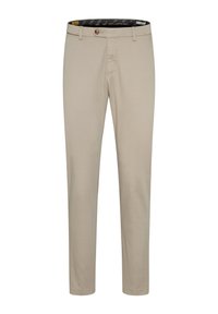 Beige Slim-Fit-Hosen mit Gürtelschlaufen, vorderem Knopf, Reißverschluss und gestreiftem Innenbund-Futter.