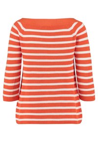 Pomarańczowo-biały sweter w paski z rękawami do łokcia, o prążkowanej fakturze i odsłoniętych ramionach, pokazany od tyłu.