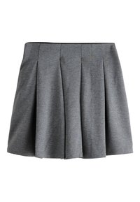 Jupe plissée grise en tissu doux, présentant une surface texturée et une ceinture élastique, avec une coupe évasée et des bords nets.