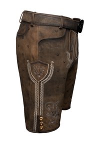 Shorts en cuir marron avec une broderie complexe et un patch décoratif en forme de bouclier. Comprend trois boutons et une zone de ceinture texturée.
