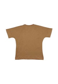 T-shirt in cotone marrone con maniche corte e scollatura rotonda. Il tessuto appare liscio e uniforme, senza motivi o decorazioni visibili.