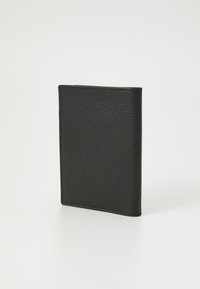Black leather wallet with a textured surface, vertical orientation, smooth edges, and no visible hardware accents or patterns.