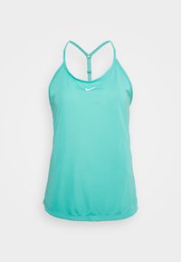 Azurový dámský sportovní top Nike s tenkými ramínky a designem se závodním zadním dílem, vystavený na neutrálním bílém pozadí.
