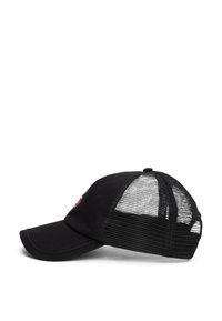 Black cap with a curved brim, featuring a mesh back, embroidered logo, and a structured shape for fitted wear.