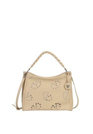 Borsa beige con manico intrecciato, motivi circolari traforati, tracolla rimovibile e ciondolo rotondo con motivo a uccello.