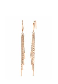 Los pendientes de oro rosa presentan dos largas cadenas adornadas con pequeños colgantes rectangulares, creando un efecto en cascada. Se incluyen ganchos.