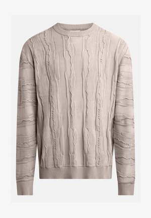 Lys beige sweater med teksturerede, hævede mønstre. Lange ærmer, ribbet rund halsudskæring og kant. Stoffet ser blødt ud med et let uregelmæssigt design.