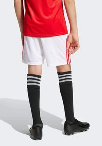 Camiseta roja, pantalones cortos blancos con rayas rojas, calcetas negras hasta la rodilla con rayas blancas y botas de fútbol negras, vistas desde atrás.