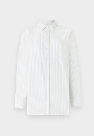 White long-sleeve shirt with light blue vertical stripes. Features a pointed collar, front pocket, and button-up closure. Smooth texture.